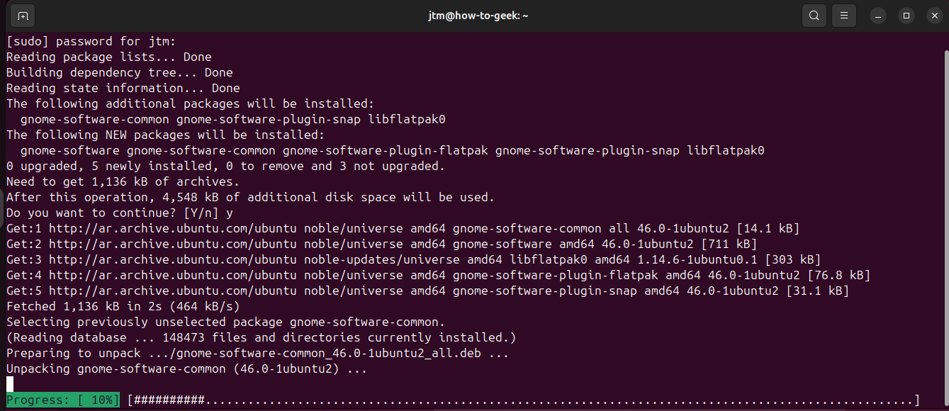 Ubuntu terminal showing gnome-software installation from the command line