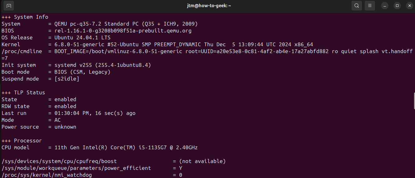 Ubuntu terminal showing the output from tlp-stat