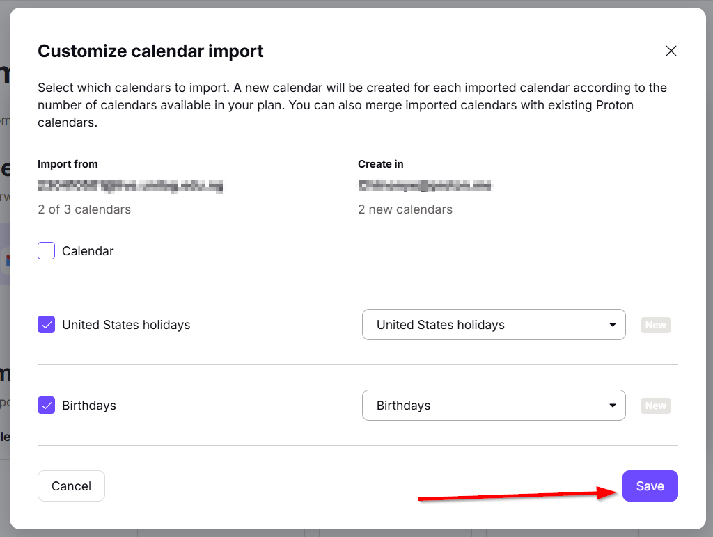 The "Save" button to confirm selected calendars for import.