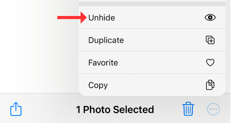 Screenshot of the Unhide button in Hidden album.