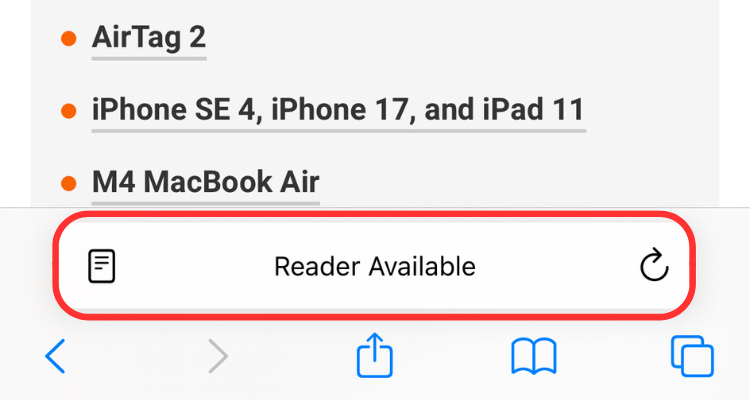 Screenshot of the Reader Available message on Safari's address bar.