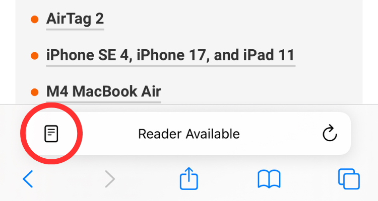 Screenshot of the Reader button on Safari.