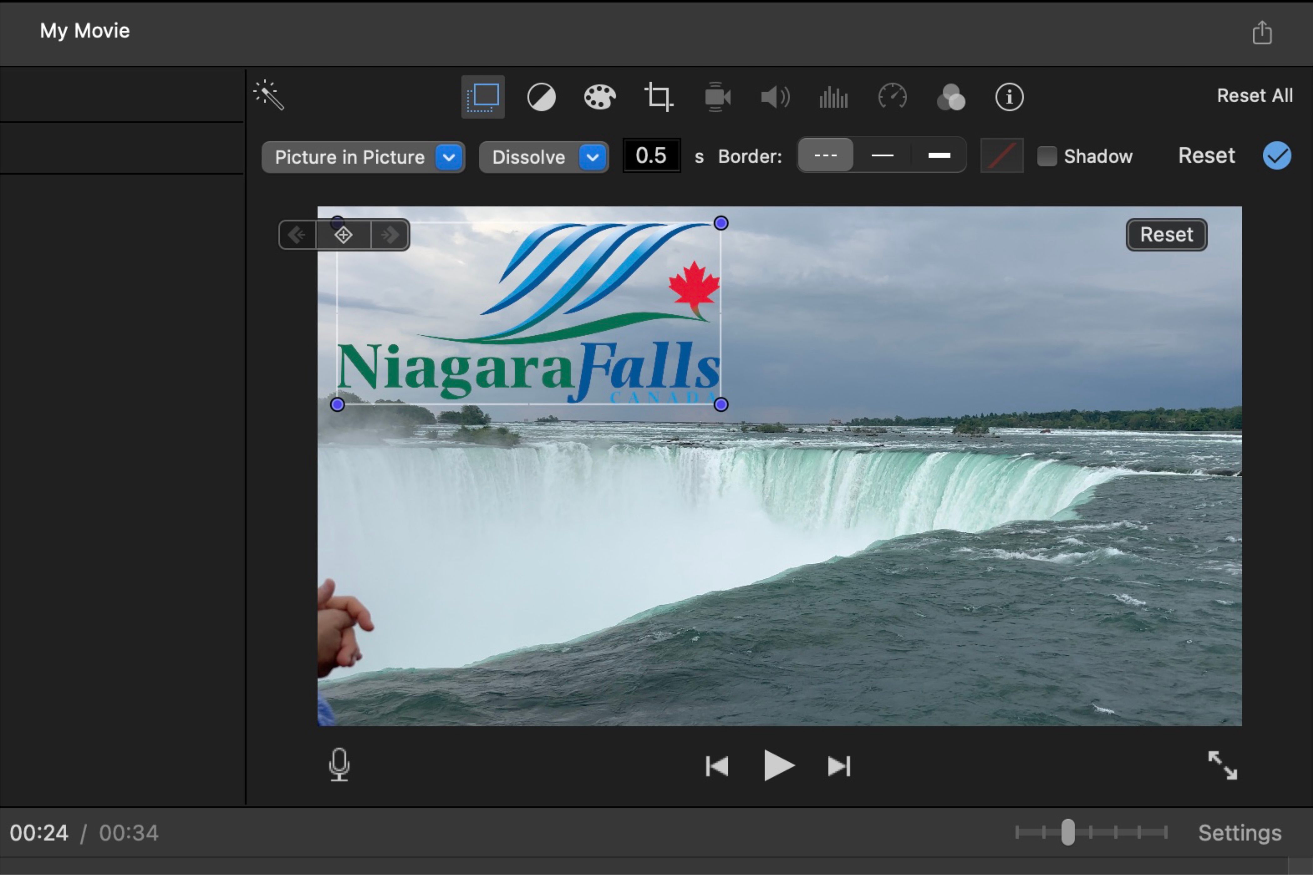 Adding a logo to a video of Niagara Falls in iMovie on Mac.