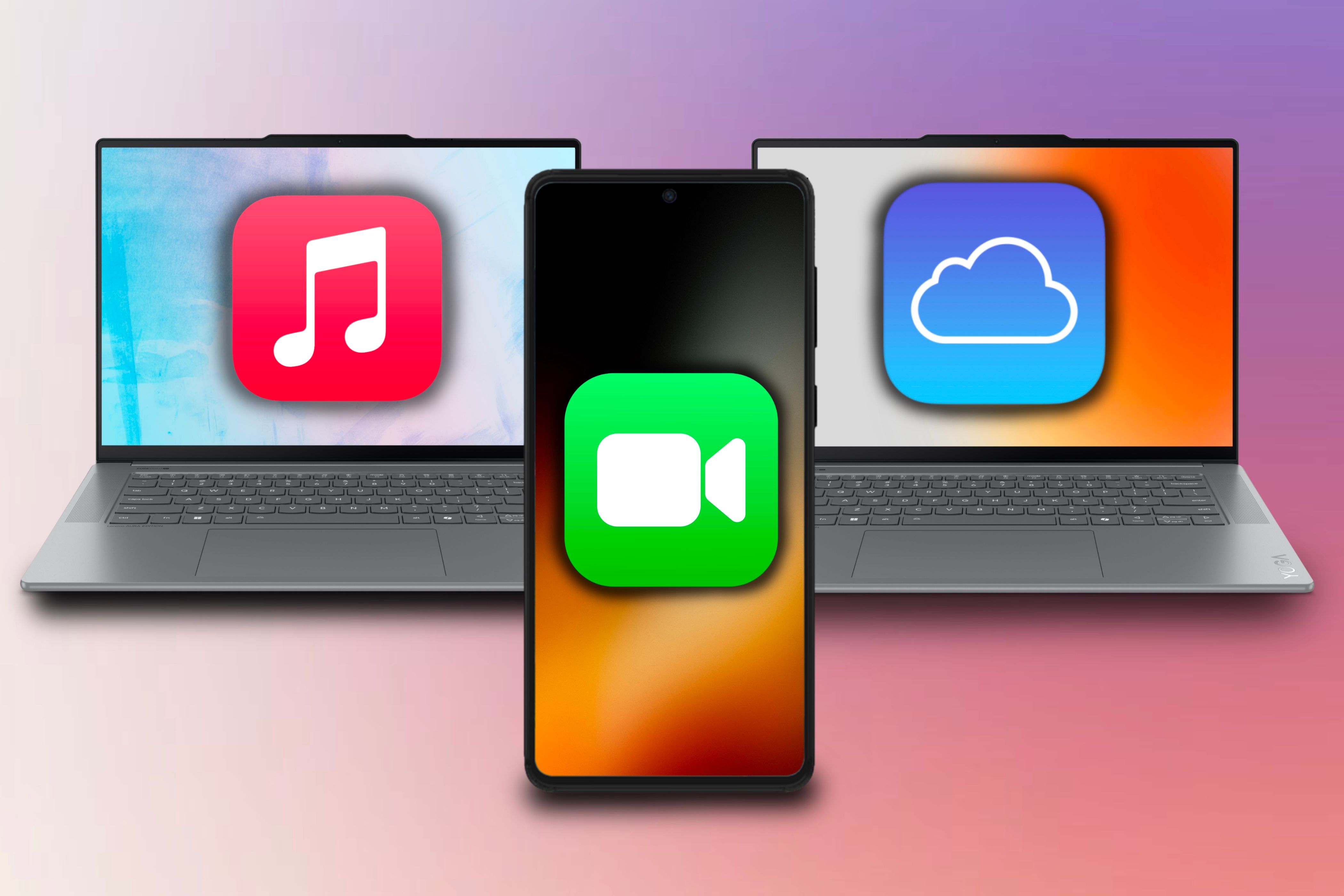 Two PC laptops, one with an Apple Music icon and the other with an iCloud icon, behind an Android phone with a FaceTime icon in front of a colorful background.