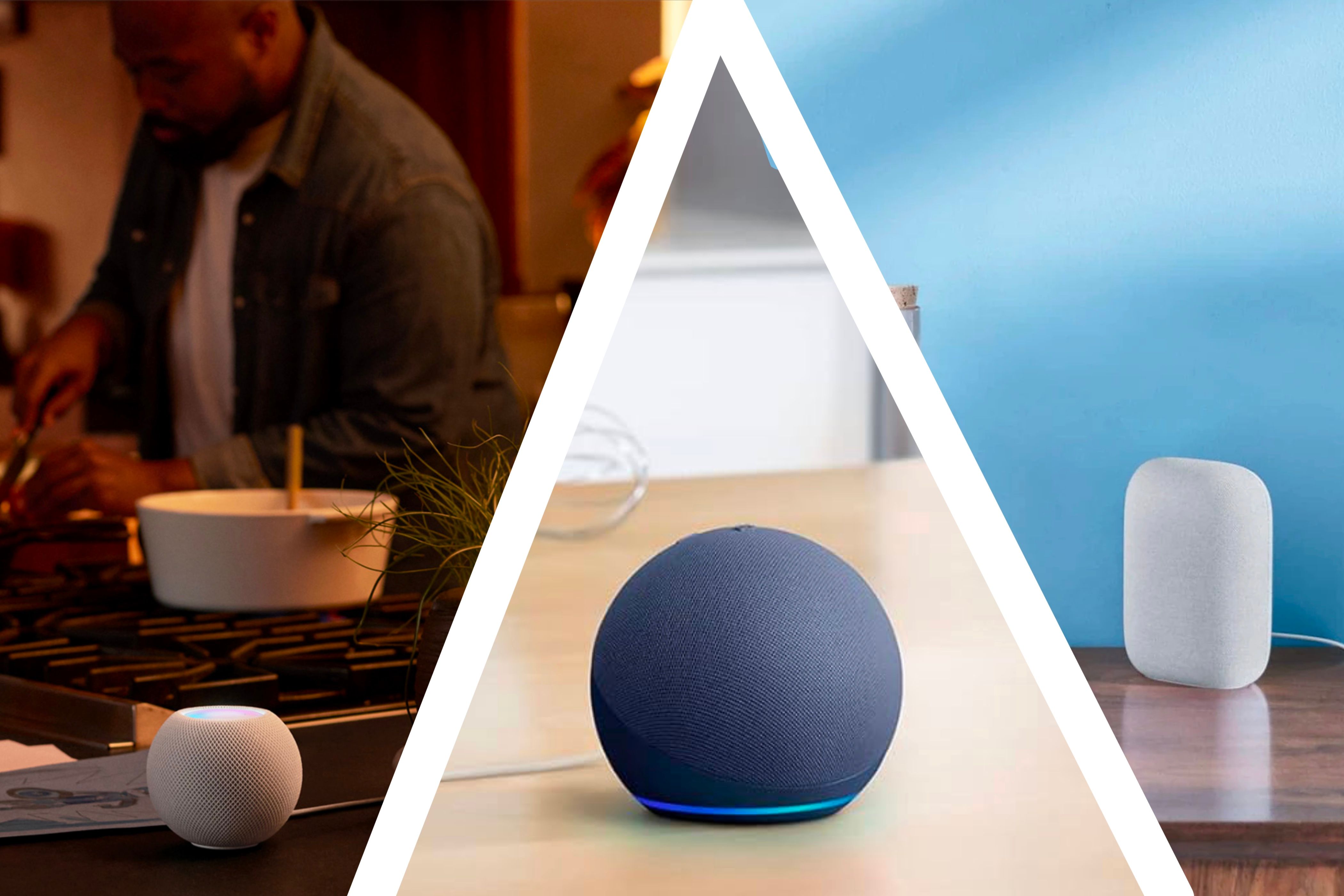 An Apple HomePod mini, Amazon Echo Dot, and a Google Nest speaker sitting on their own tables split into three sections by a white line.