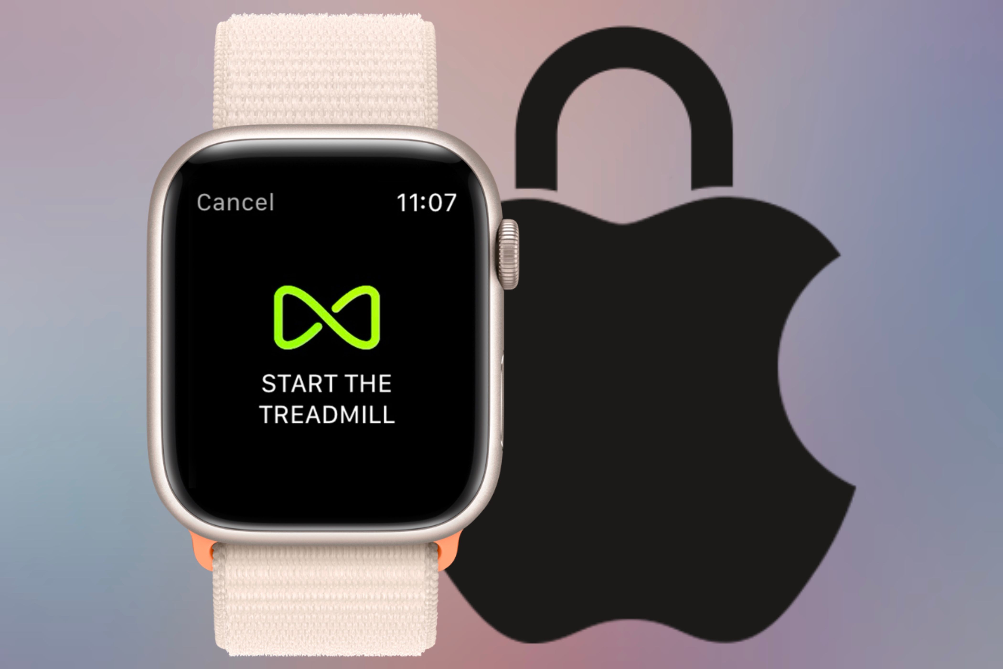 An Apple Watch showcasing a GymKit icon to start a treadmill workout next to Apple's privacy icon in front of a colorful background.