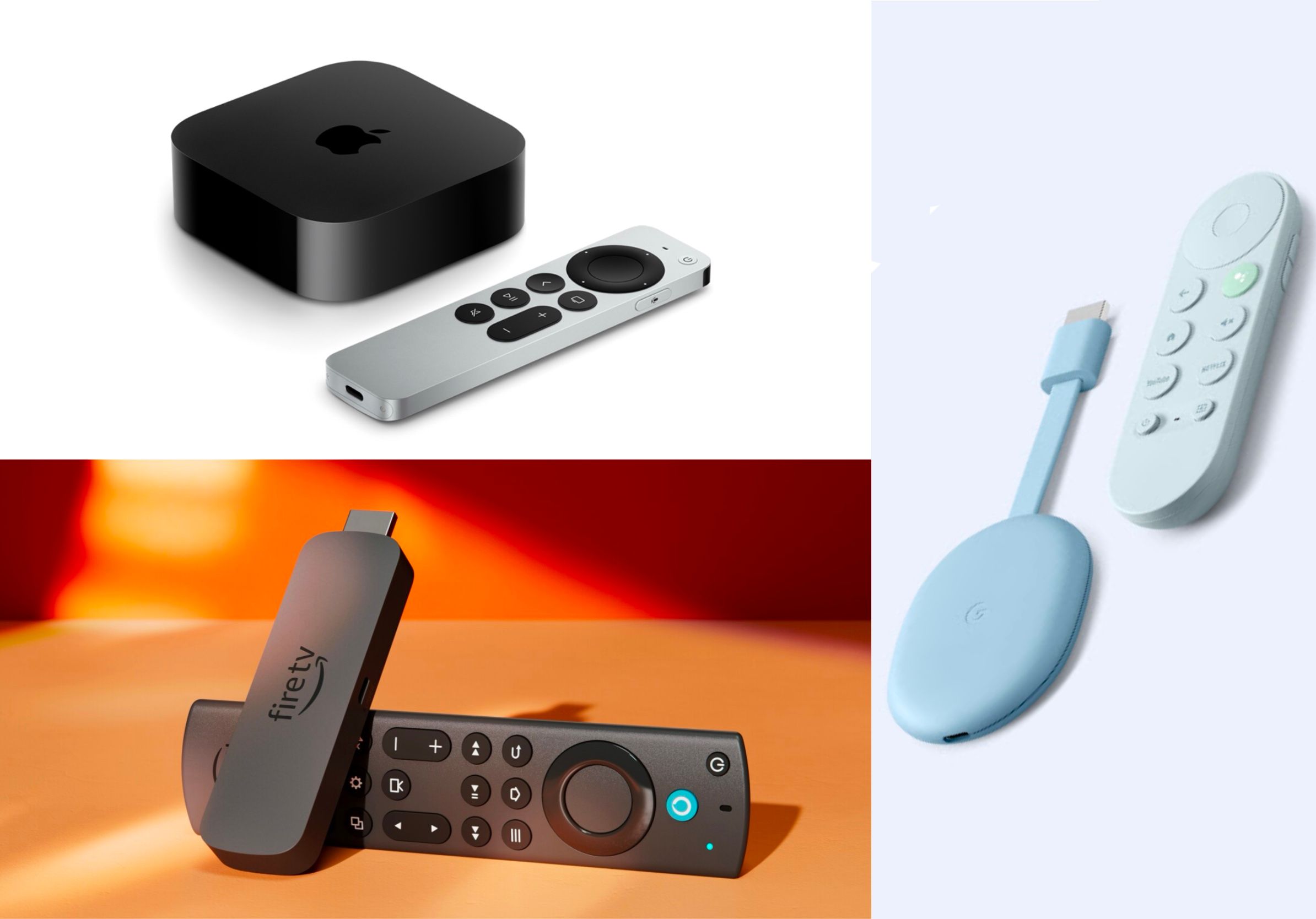 An Apple TV and Google Chromecast showcased independently while an Amazon Fire Stick sitting on a table. 