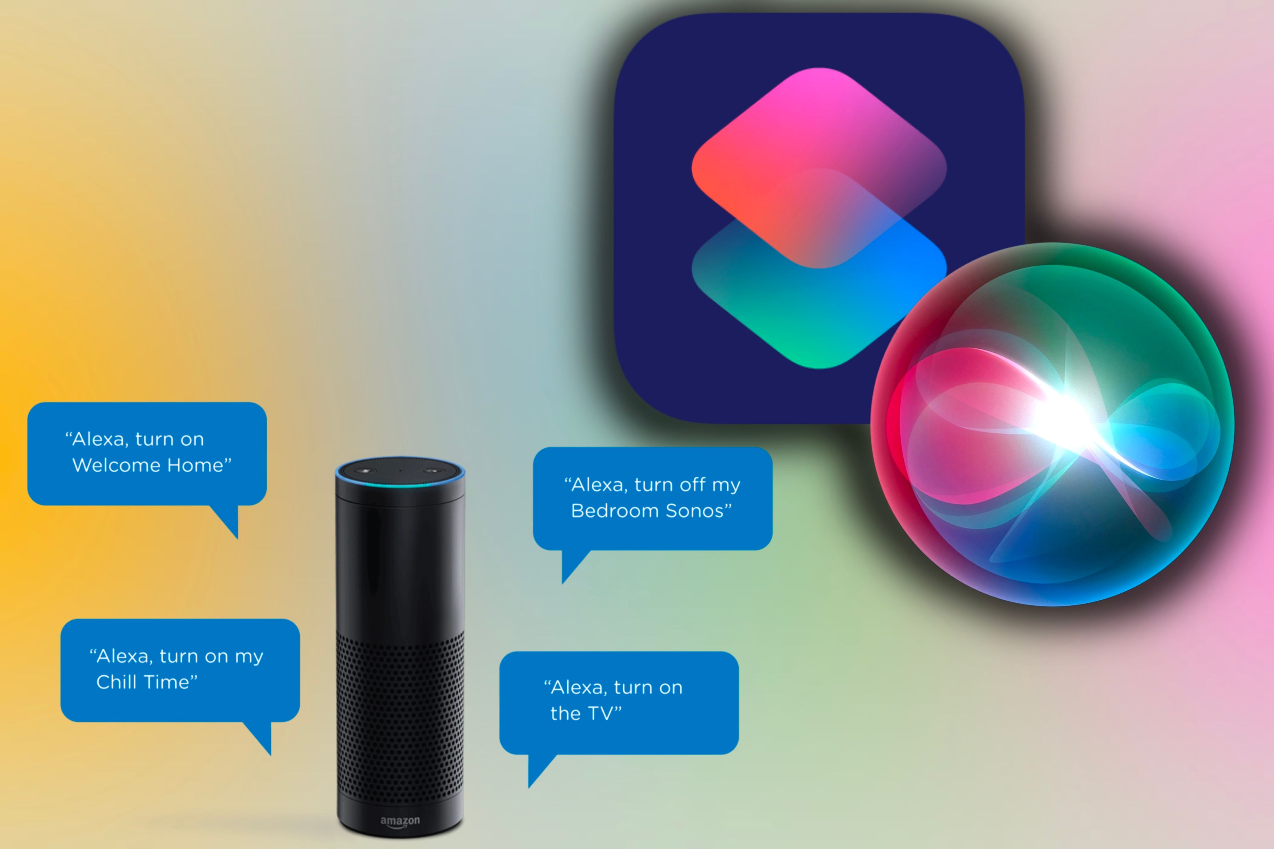 An Amazon Echo getting commands with Siri Shortcuts and Siri icons in front of a colorful background.