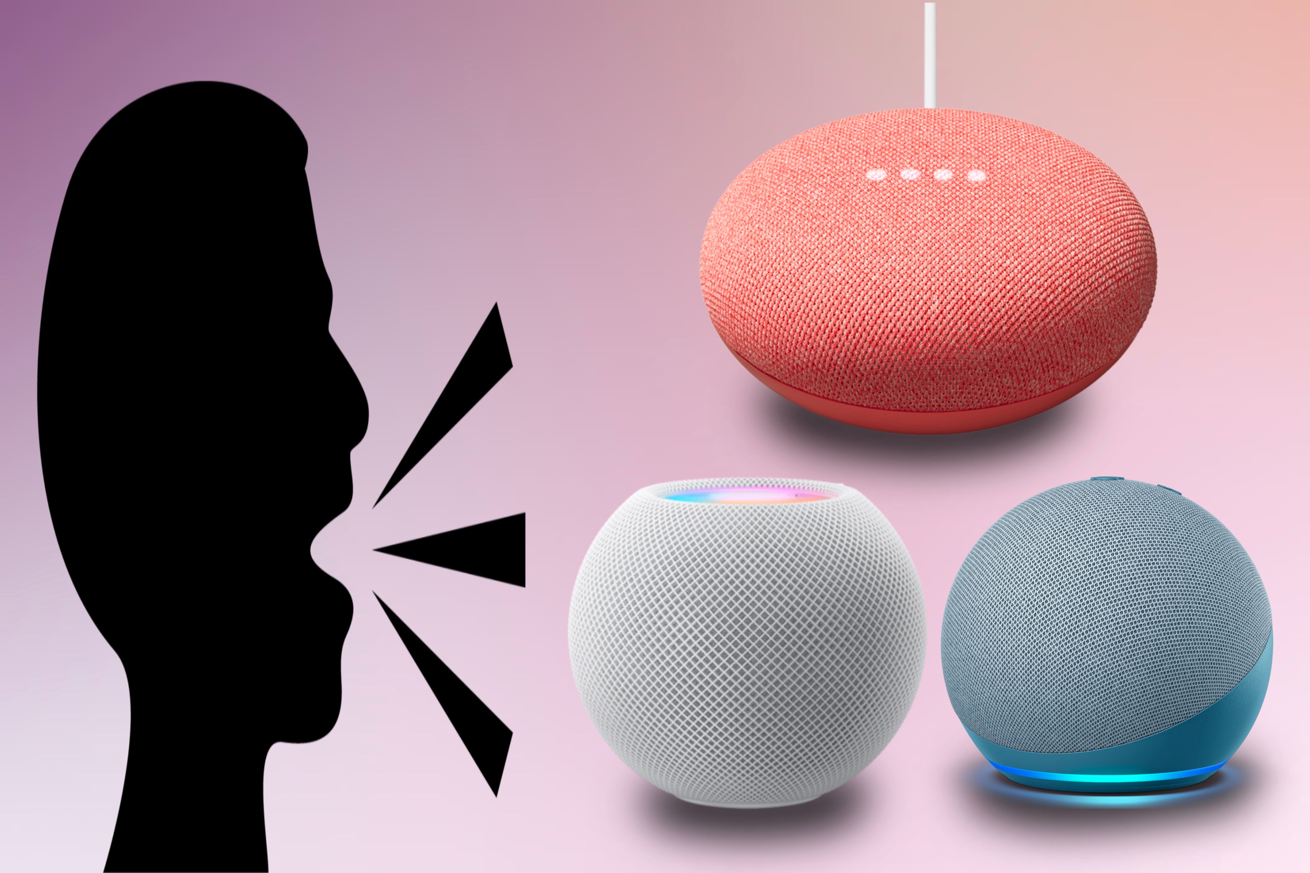 A speaking figure talking to a Google Nest, HomePod mini, and Echo Dot in front of a colorful background.