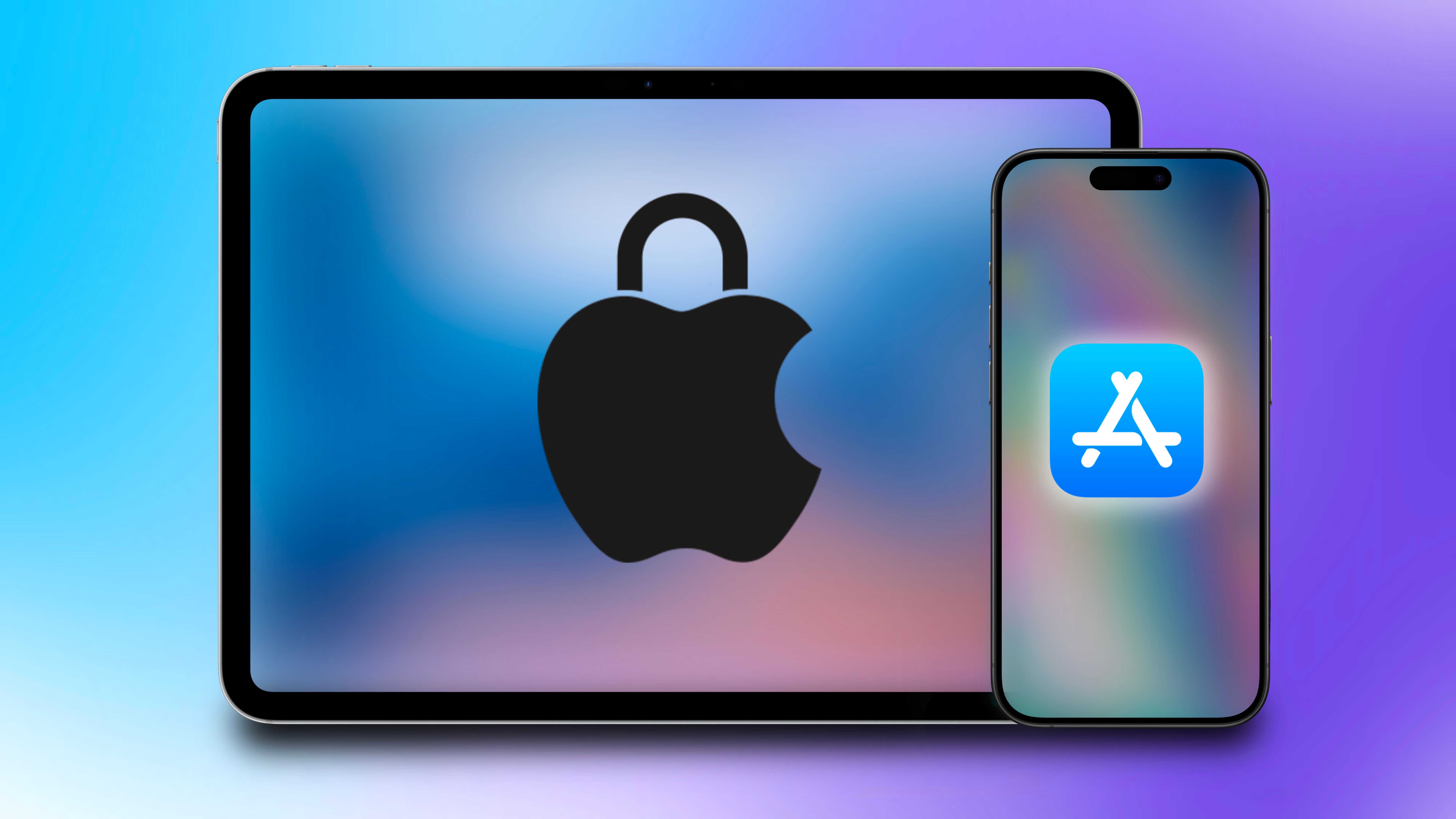 An iPad with an Apple security icon and an iPhone with an App Store icon in front of a colorful blue background.