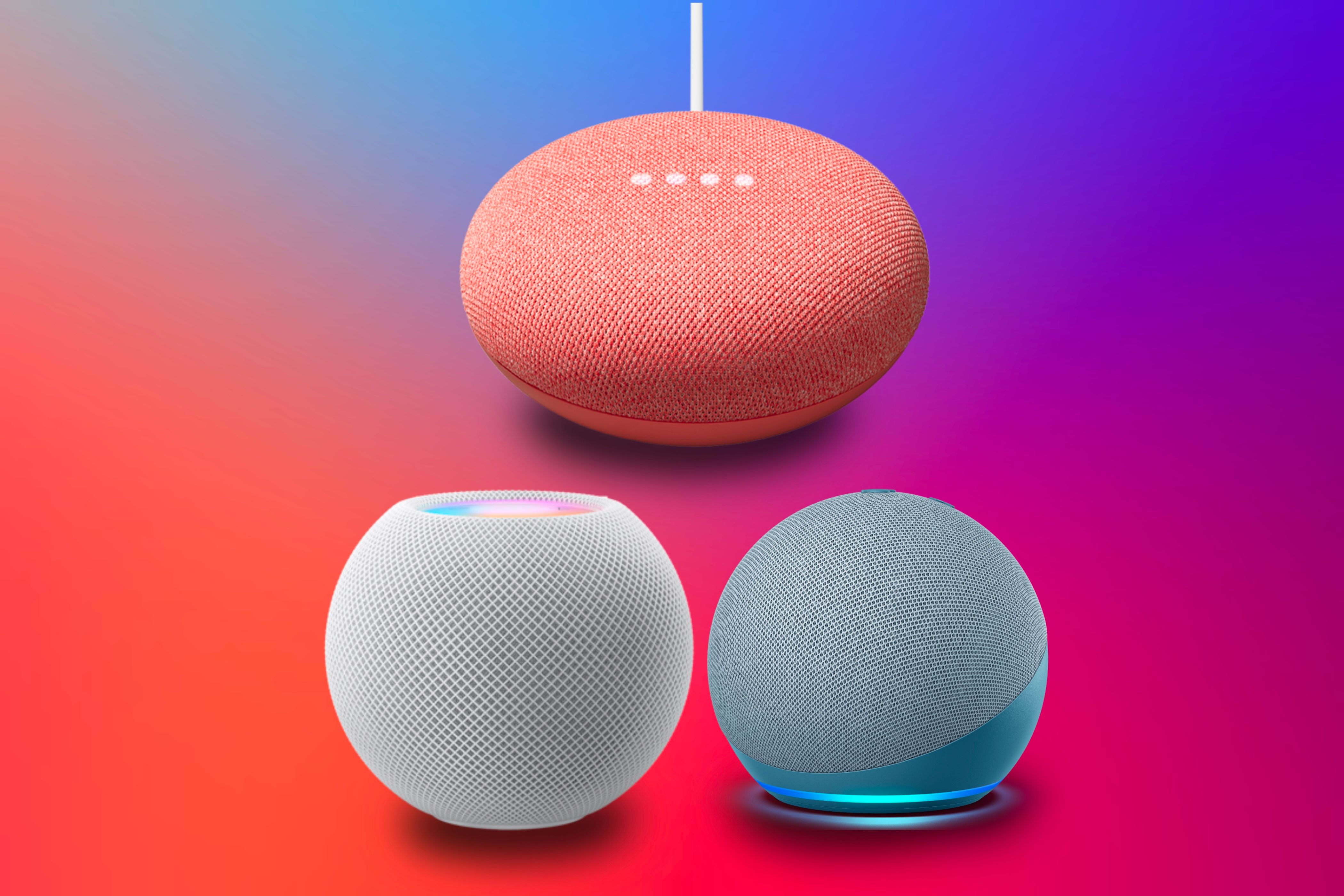 A Google Nest speaker on top, an Apple HomePod mini on the lower left, and an Amazon Echo Dot on the lower right while being in front of a colorful background.