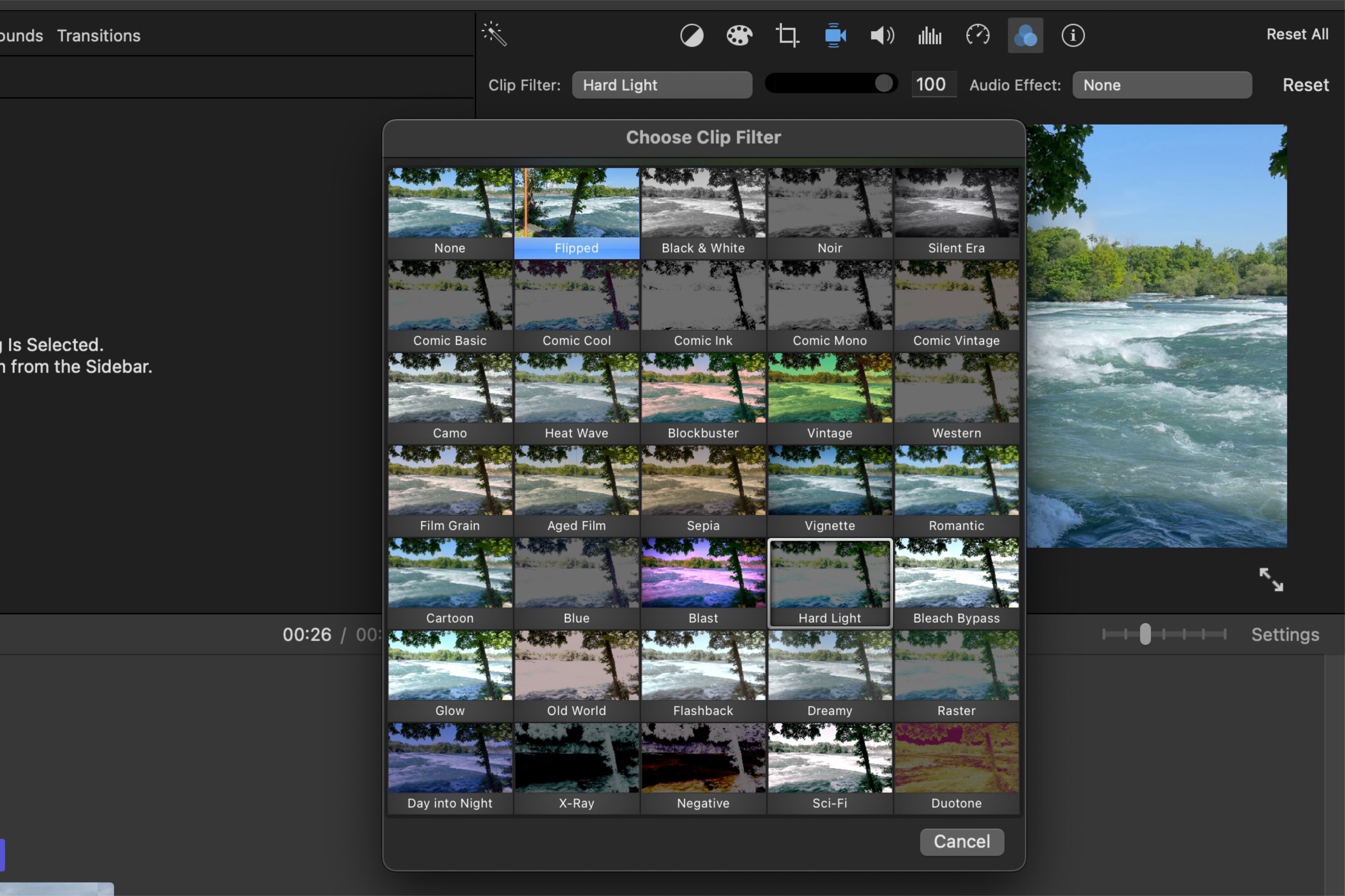 Showcasing the clip filter menu to choose from on iMovie on Mac.