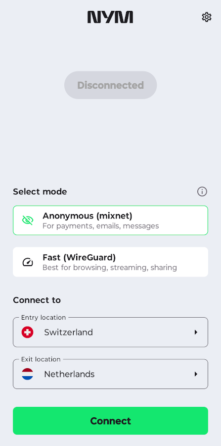 Selecting the connection mode in NymVPN.