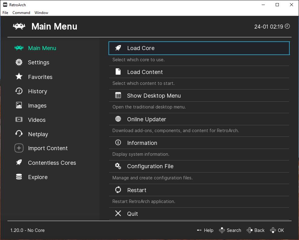 The stock RetroArch interface.