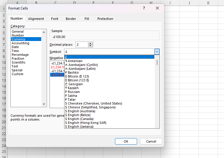 Various currencies available for use as part of Excel's Currency number format.