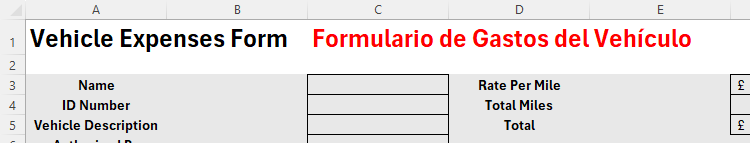 Vehicle Expenses Form translated into Spanish in Excel using the TRANSLATE function, and the formatting amended to distinguish the two languages.