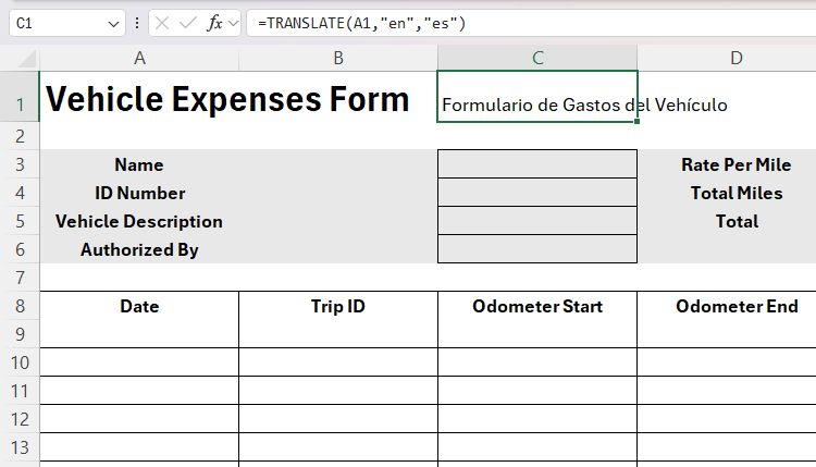 Vehicle Expenses Form translated into Spanish in Excel using the TRANSLATE function.