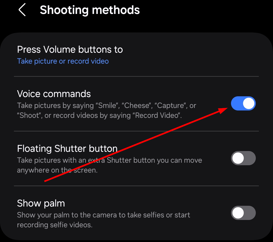 The 'Voice Commands' option in the 'Shooting Methods' setting has been toggled on.