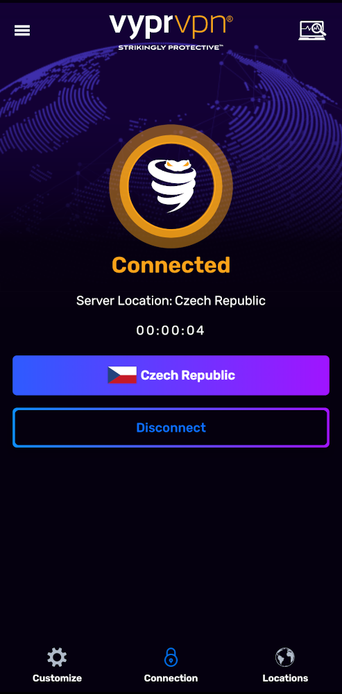 An image of the VyprVPN app after connecting.