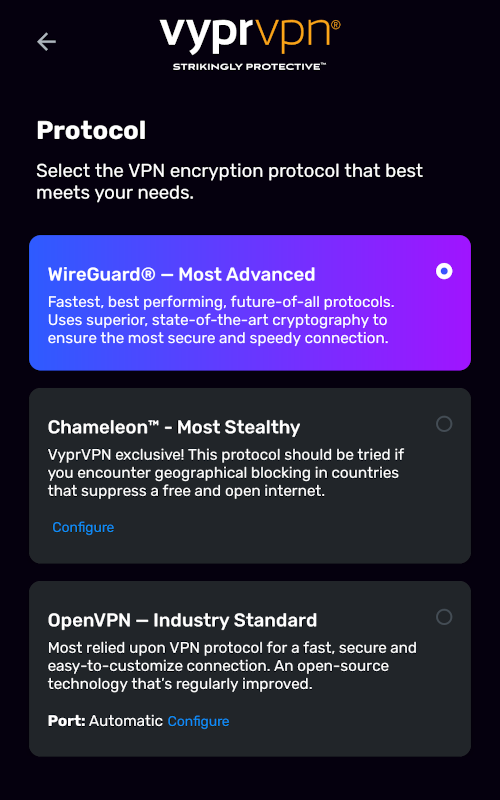 An image of VyprVPN protocols.