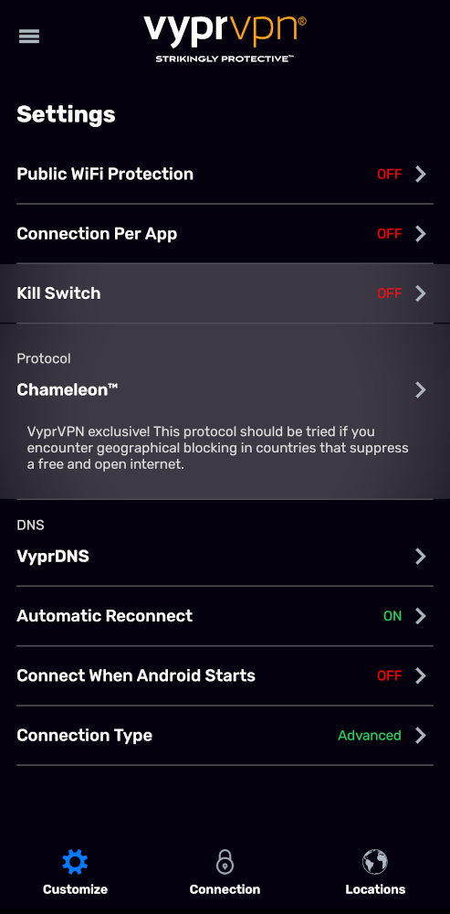 An image of the VyprVPN settings screen.