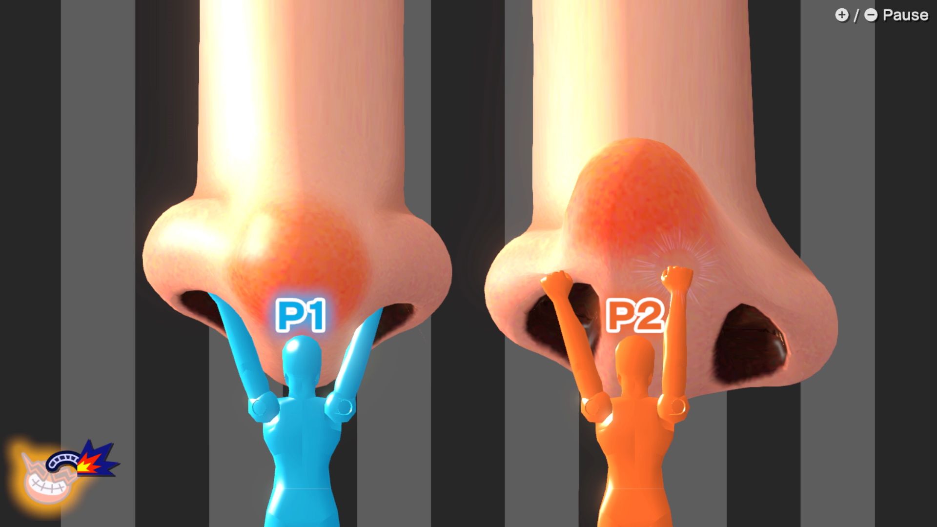 A nose-picking microgame from WarioWare: Move It! showing two players trying to pick a nose each.