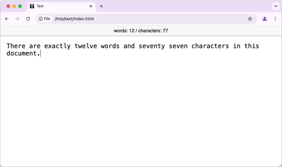 The web app with example text, showing accurate character and word counts.