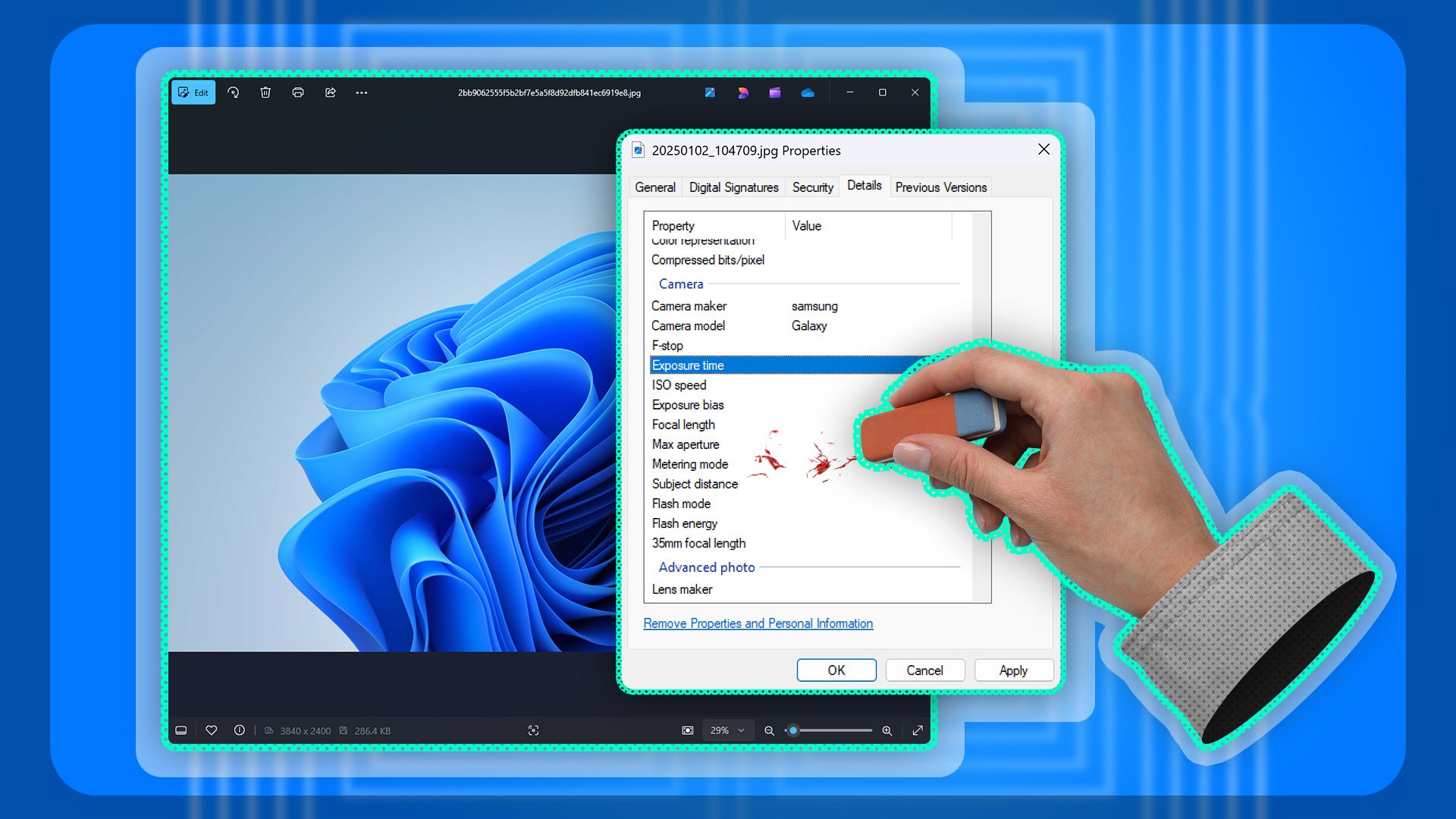 Windows 11 wallpaper with EXIF data and a hand holding an eraser removing it.