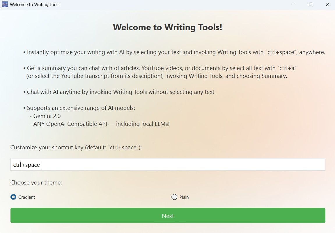 Writing Tools Welcome page,