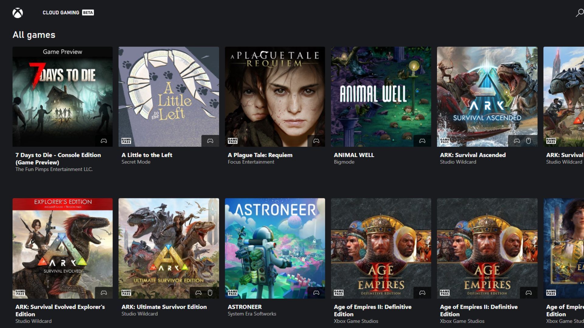 Example of available games on Xbox Cloud Gaming.