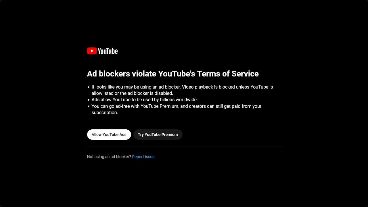 YouTube's anti adblock wall that reads "Ad Blockers Are Not Allowed On YouTube."