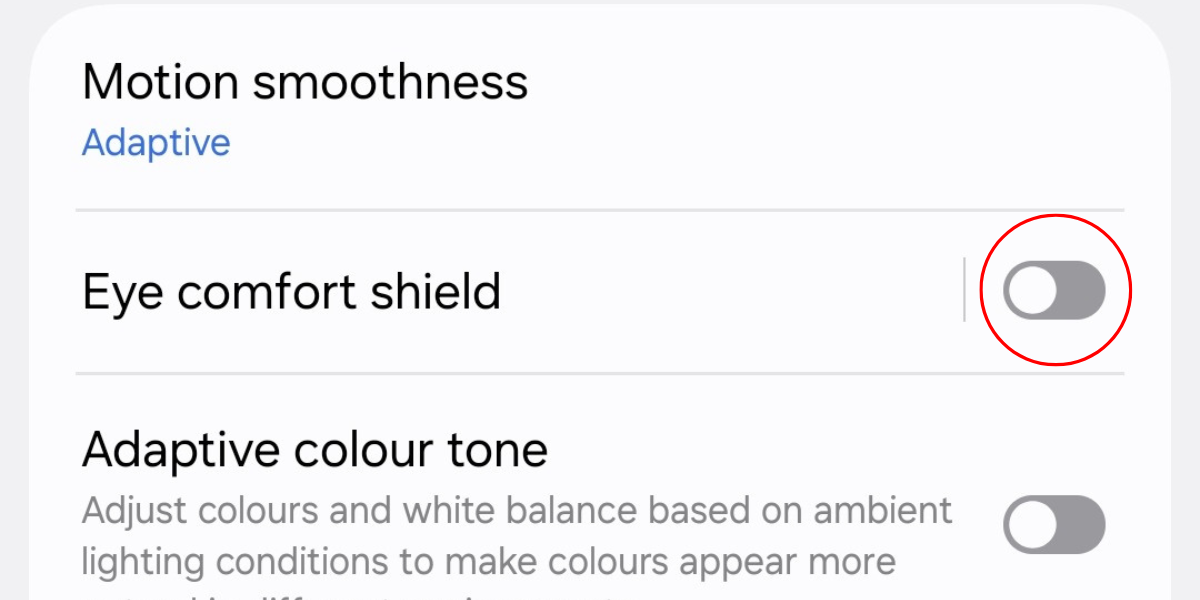 Screenshot of the eye comfort shield button in the Display settings menu on the Galaxy S25.