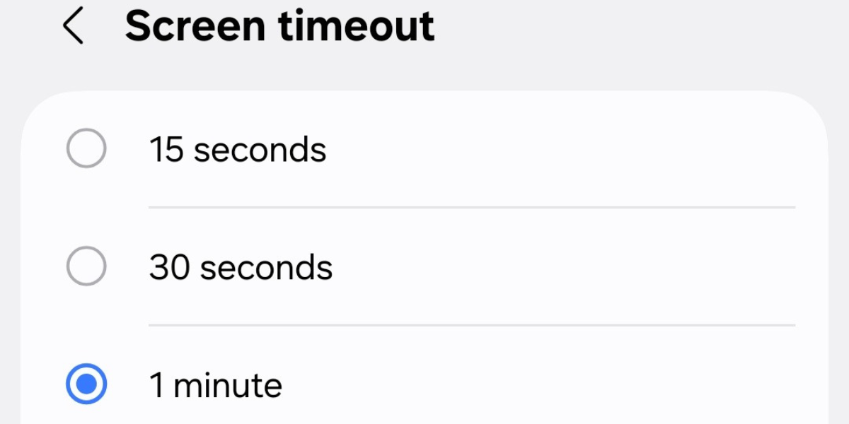Screenshot of the screen timeout menu in the Display settings on the Galaxy S25.