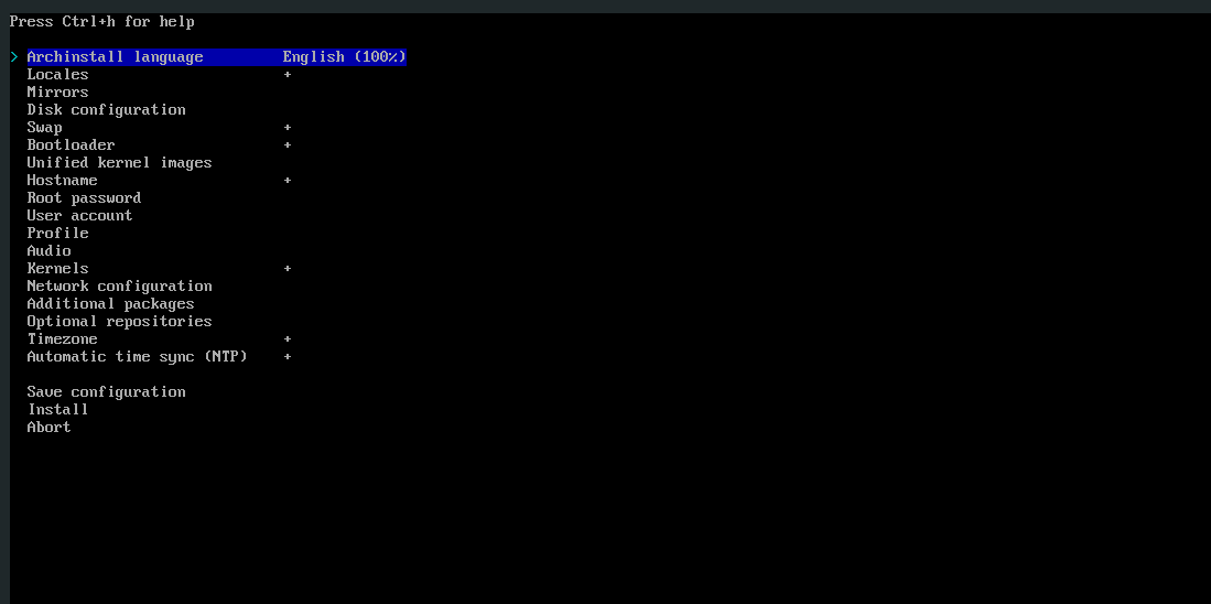 The main menu of the archinstall installer.