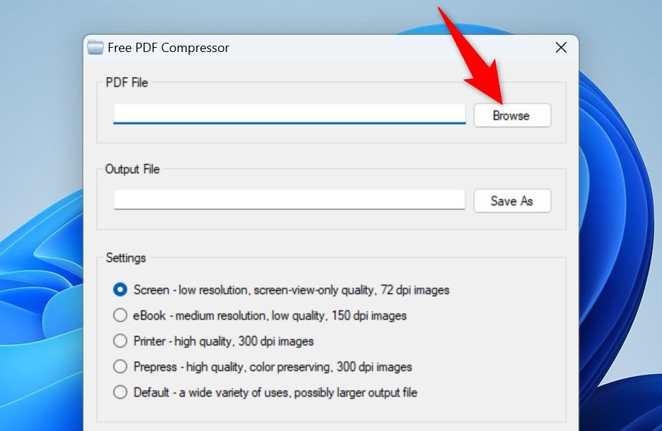 "Browse" highlighted in Free PDF Compressor.