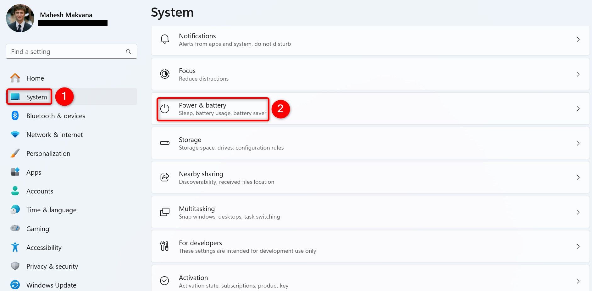 "System" and "Power & Battery" highlighted in Settings.