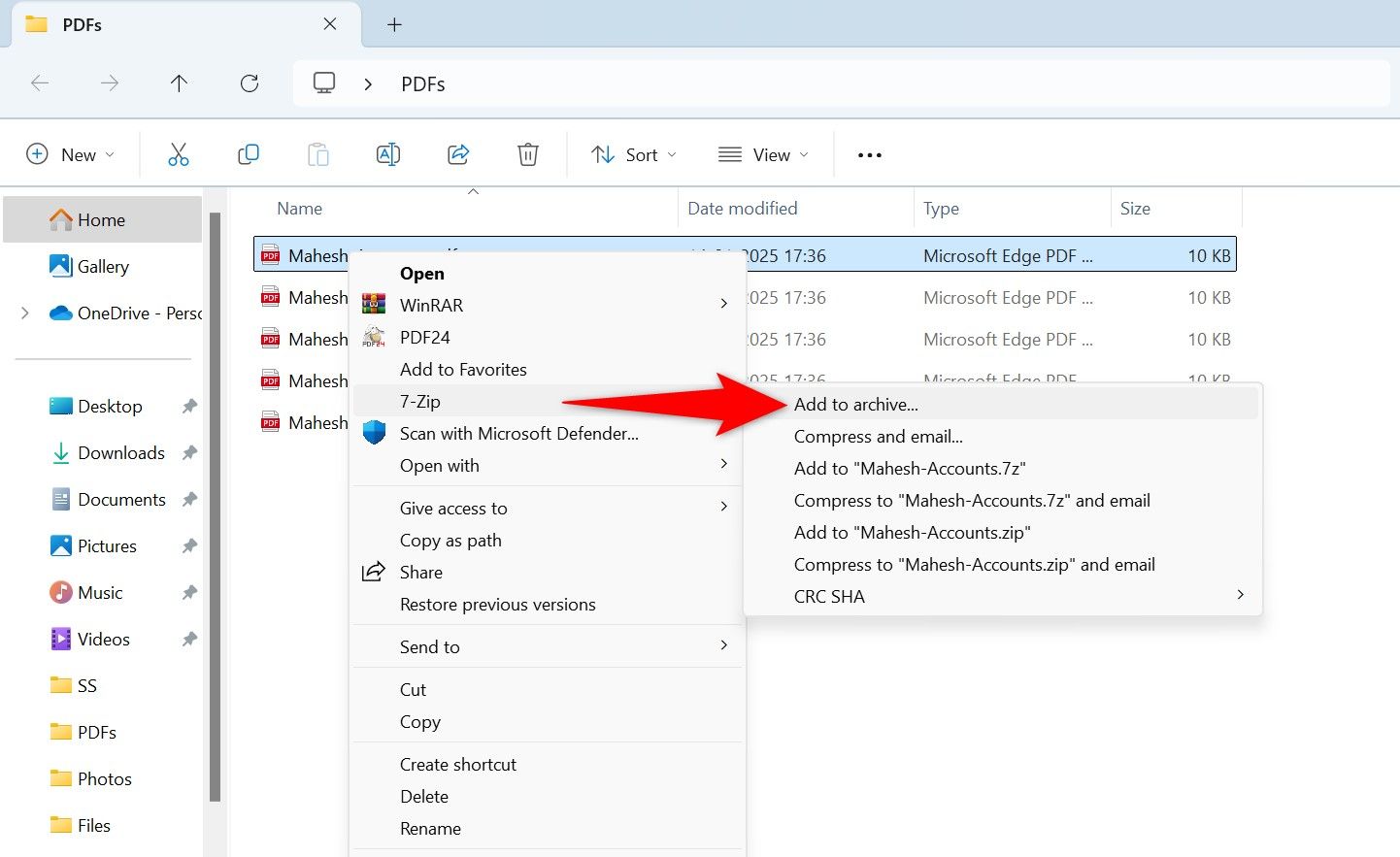 7-Zip > Add to Archive highlighted for a PDF file.