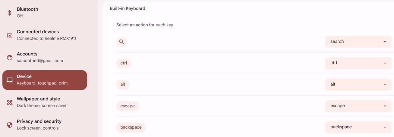 Remapping keyboard keys in ChromeOS.