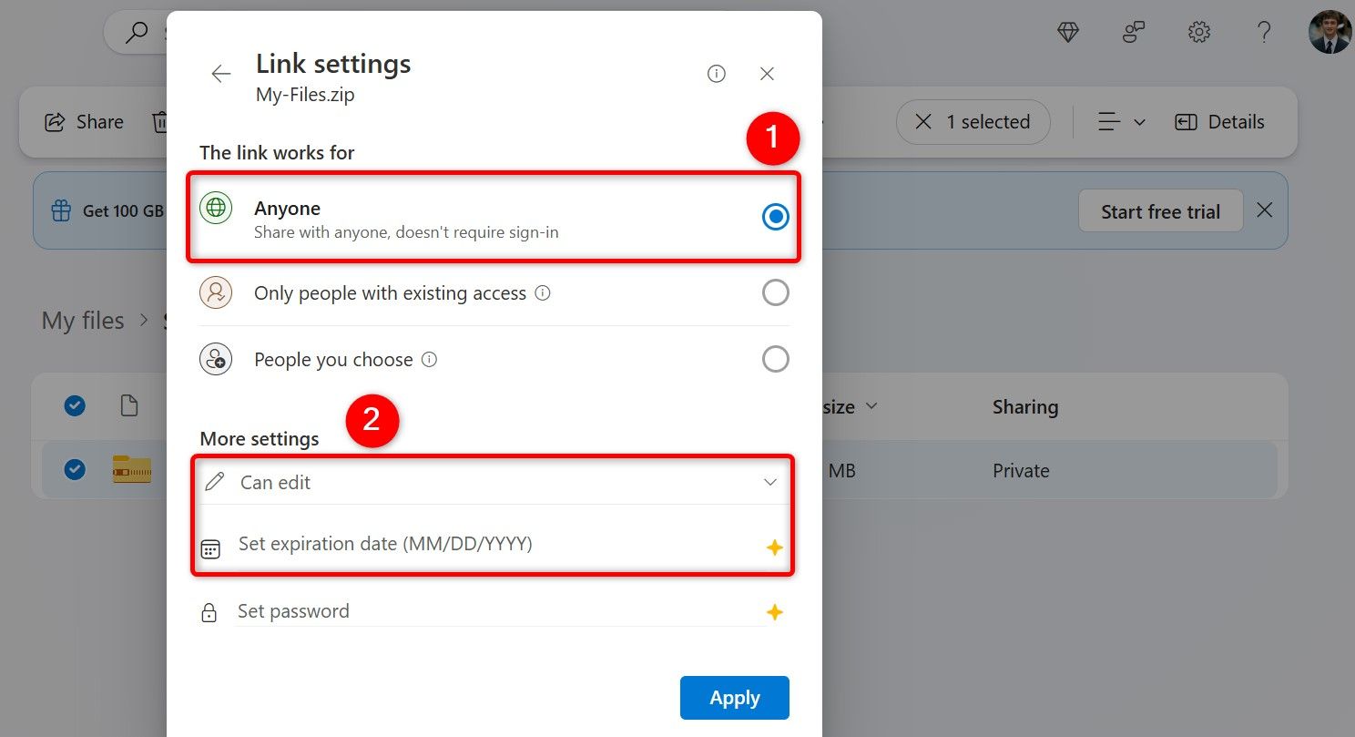 Various options highlighted on OneDrive's "Link Settings" window.