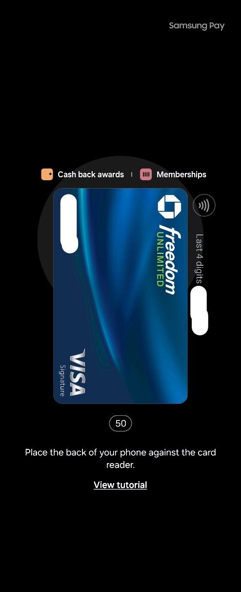 Paying with a card using Samsung Wallet.