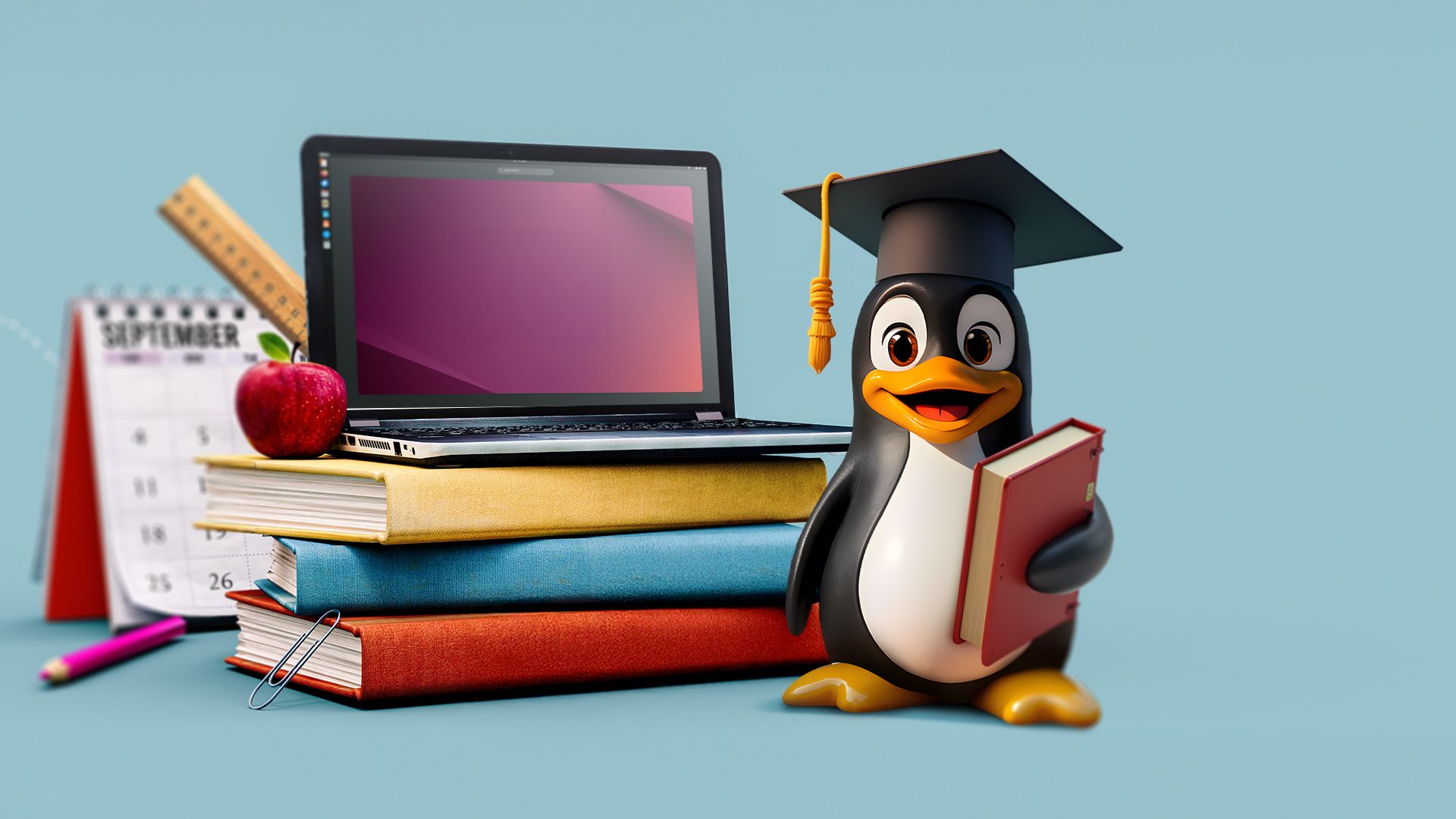 A laptop at the top of some school books, with the Linux amulet next to it wears a graduation hat.