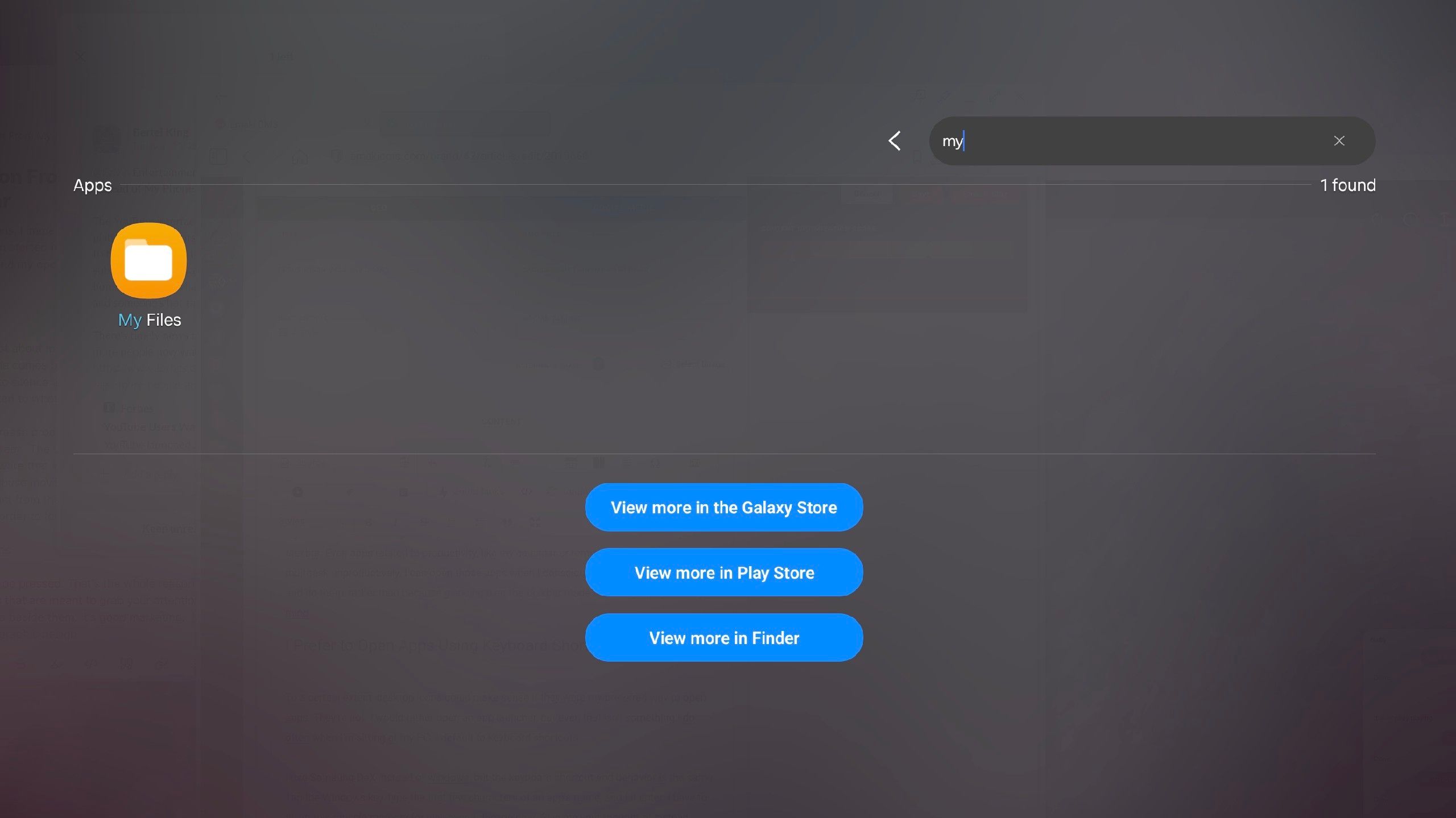 Searching for and launching an app using keyboard shortcuts in Samsung DeX.