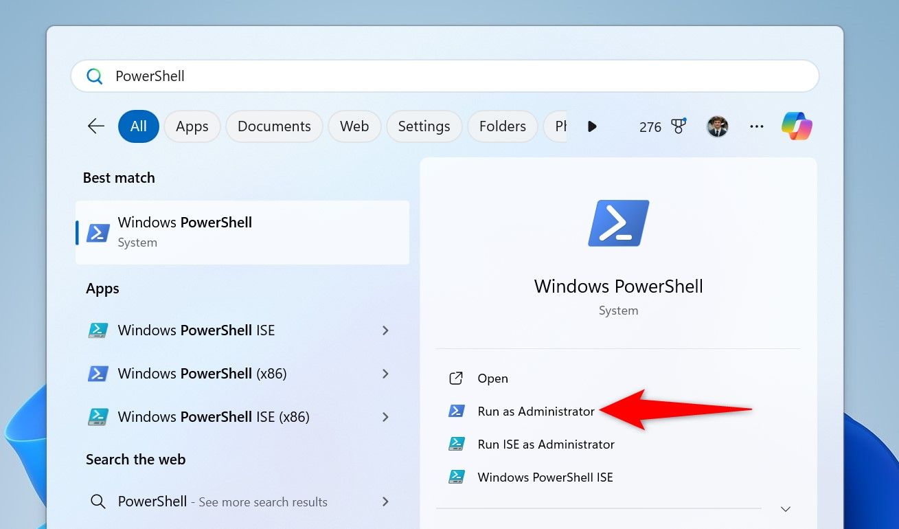 "Run as Administrator" highlighted for PowerShell in Windows Search.