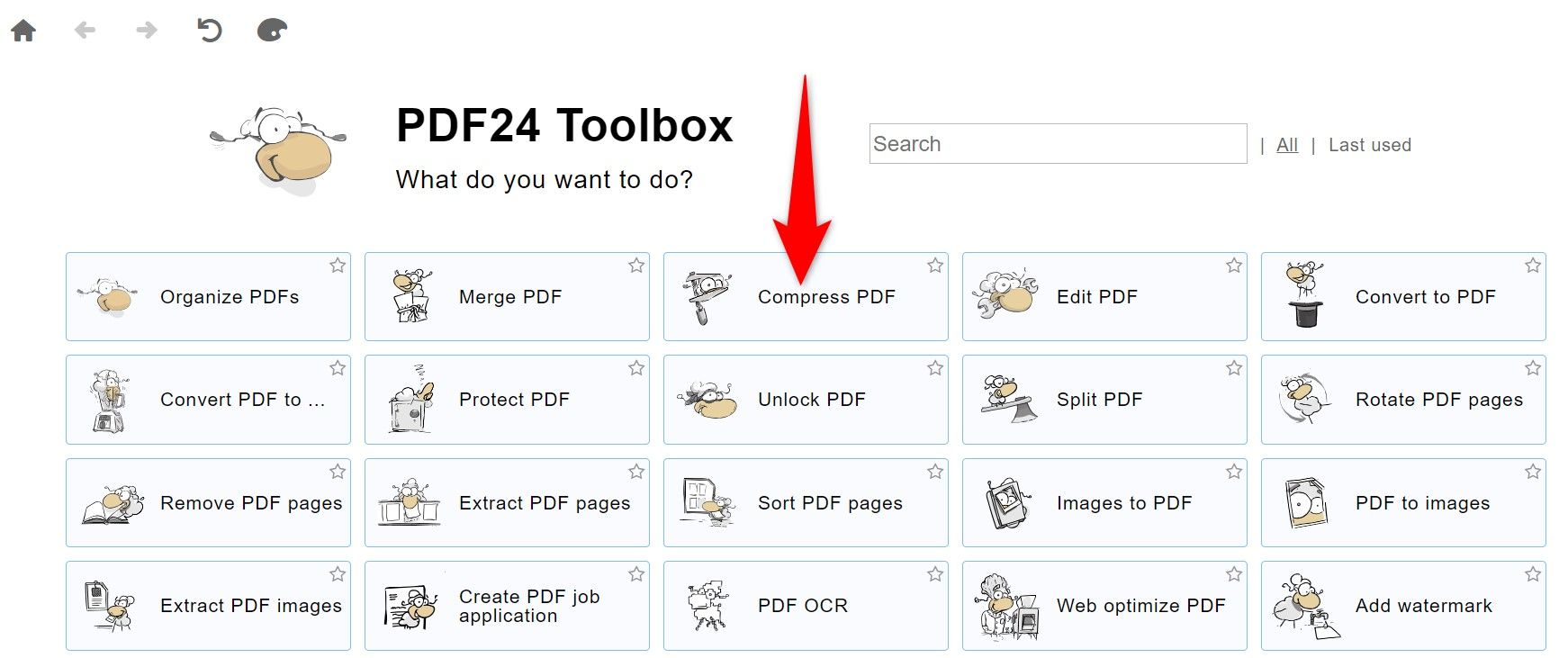 "Compress PDF" highlighted in PDF24 Creator.