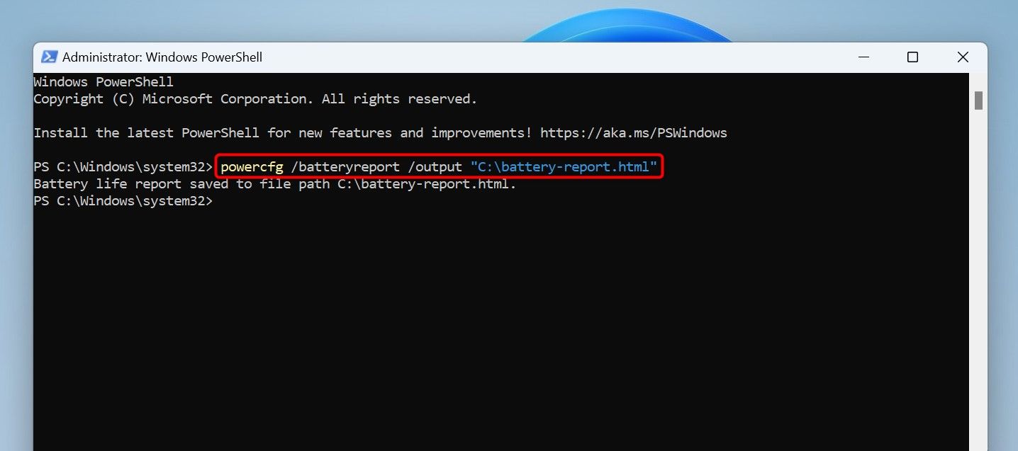 The cmdlet to generate a battery report typed in PowerShell.