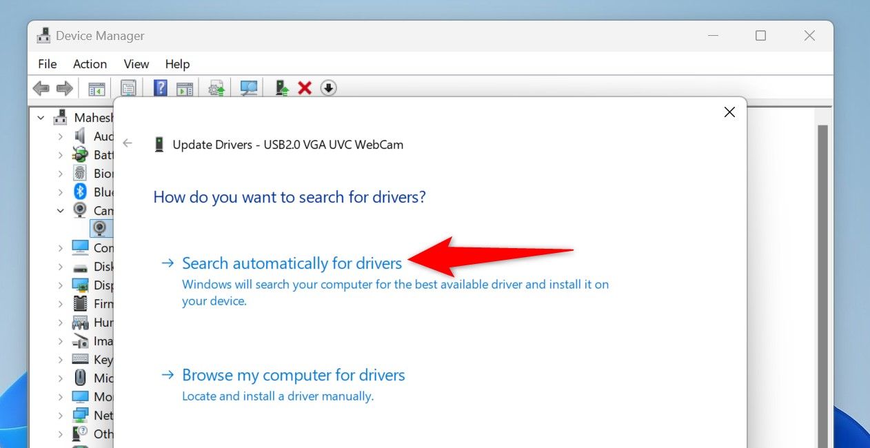 "Search Automatically for Drivers" highlighted in Device Manager.