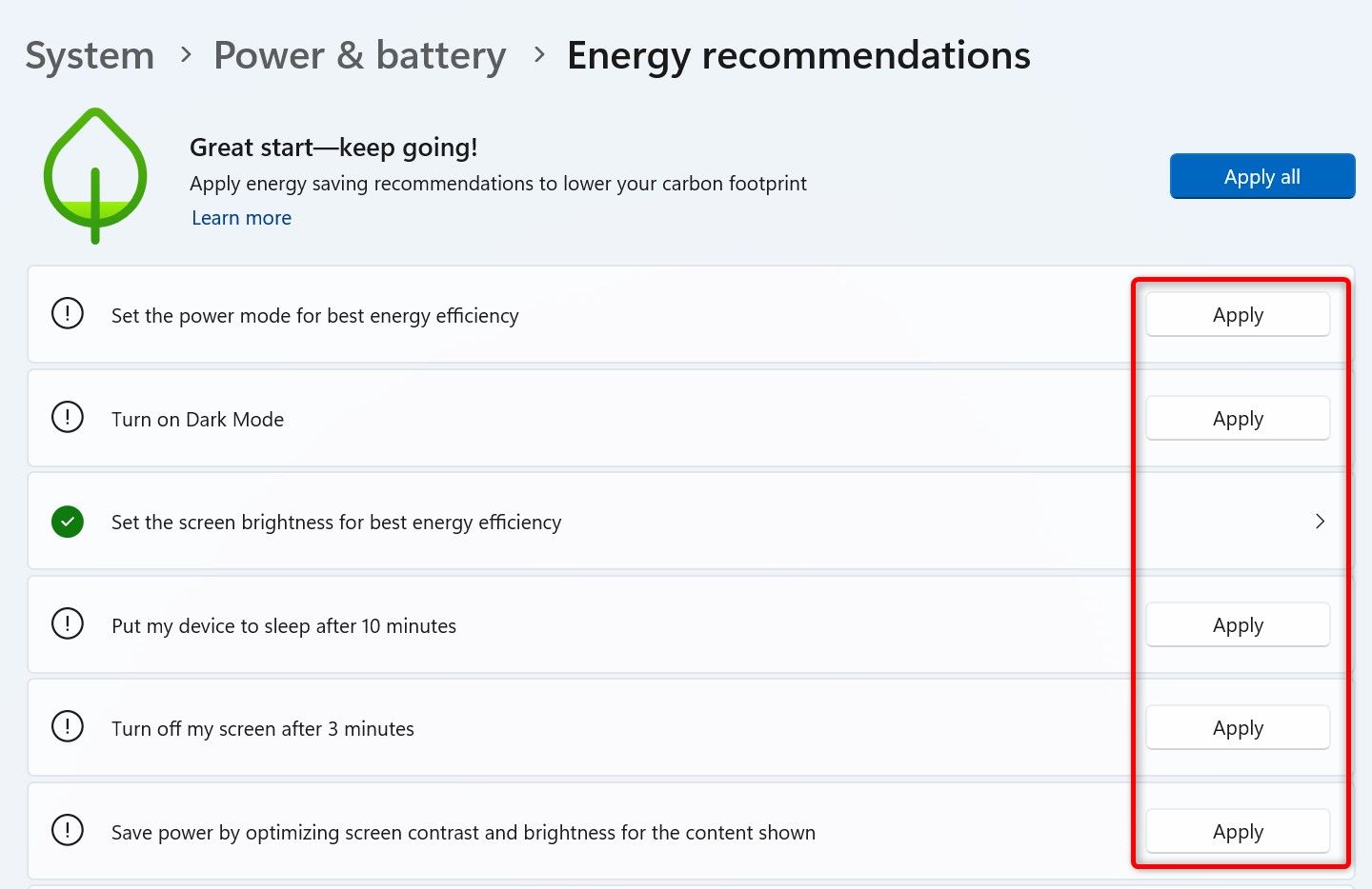 Various energy recommendations highlighted in Settings.