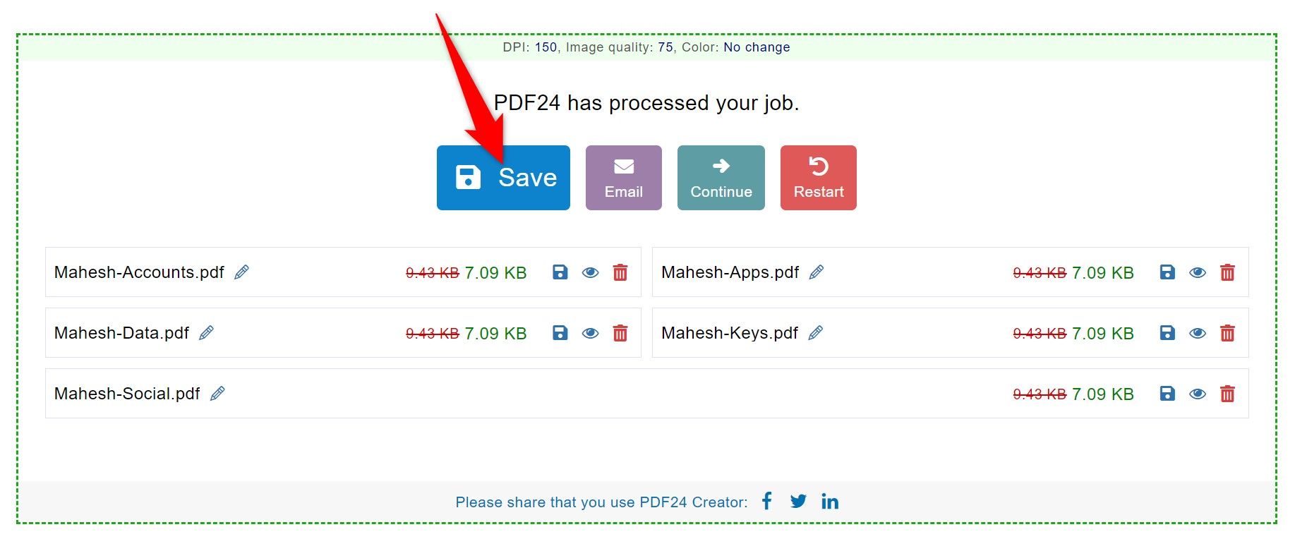 "Save" highlighted in PDF24 Creator.