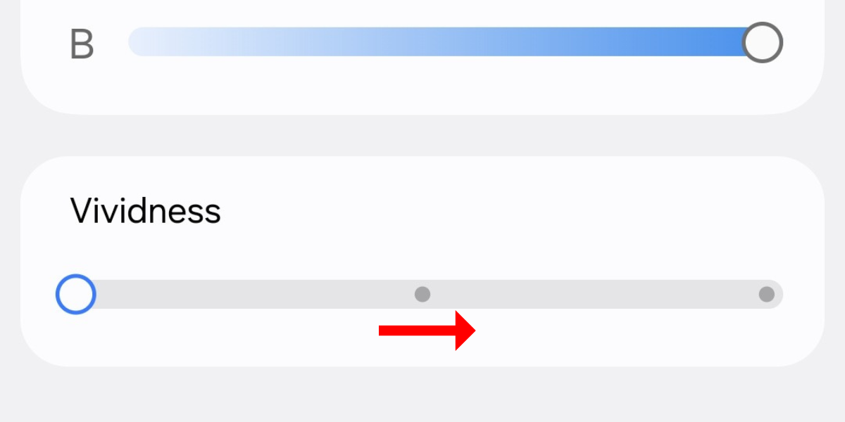 Screenshot of the vividness slider in the advanced color profile settings on the Galaxy S25.