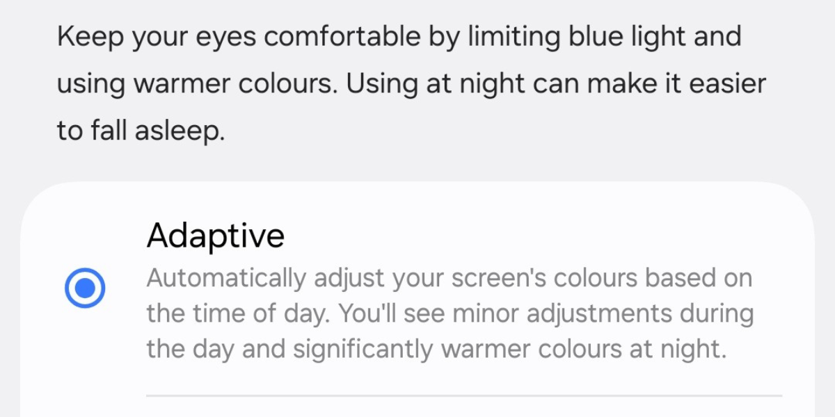 Screenshot of the Adaptive eye comfort shield option in the Display settings menu on the Galaxy S25.